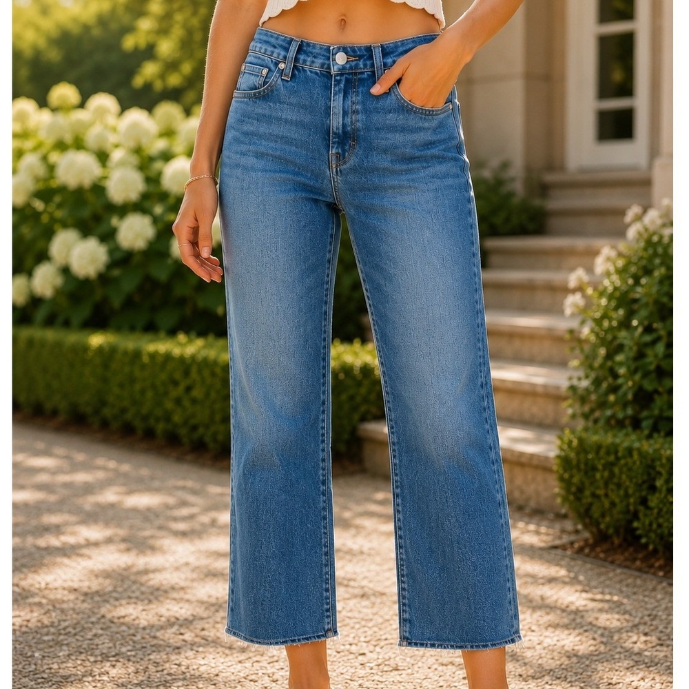 Simkhai Womens Straight Leg 2 Raw Hem Denim Jeans Medium Wash Blue